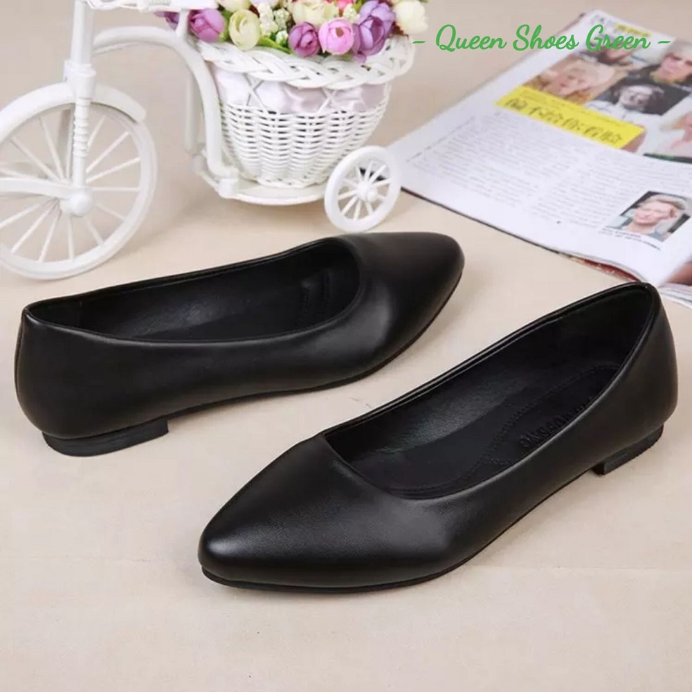 Giày búp bê nữ giày đế bệt da mềm mũi nhọn màu đen đế cao su đúc siêu mềm size 35 đến 40