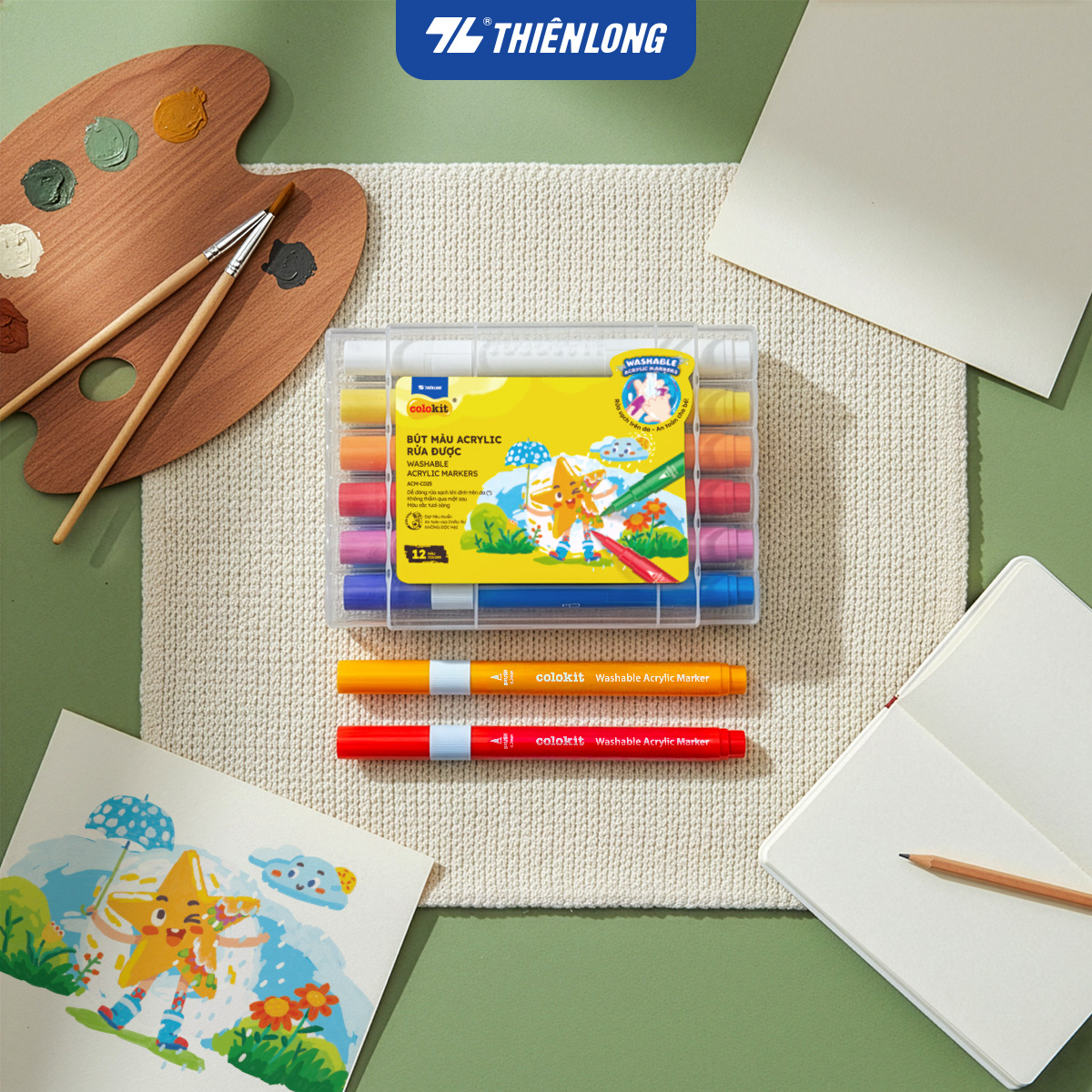 Thiên Long Washable Acrylic Markers / Bút sơn/ Bút lông 12/24/36 màu - Màu sắc tươi sáng, dễ dàng rửa sạch