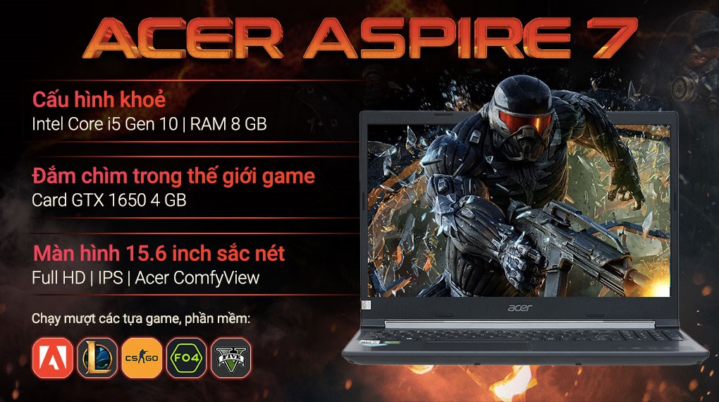 Máy Tính Xách Tay Laptop Acer Aspire 7 Gaming A715-75G-58U4 (NH.Q97SV.004) (Core i5-10300H, 8GB Ram, 512GB SSD NVMe, 15.6 inch IPS FHD, GTX 1650 4GB, Win11H, 2.15Kg, Đen) - Hàng Chính Hãng