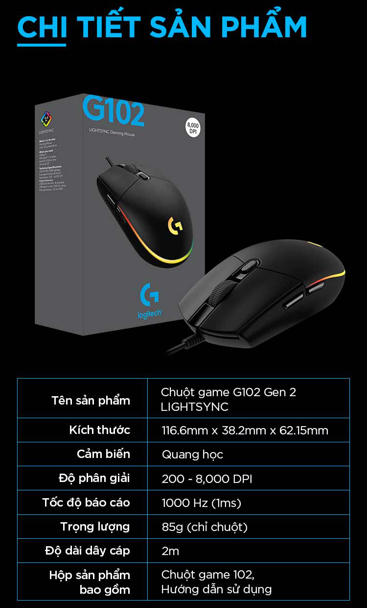 Chuột Gaming Logitech G102 Gen 2 Lightsync - Hàng Chính Hãng