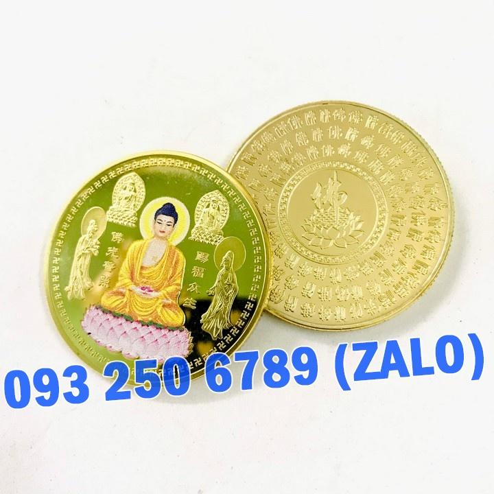 Đồng Xu Hình Phật Tổ A Di Đà Ngồi Đài Sen in màu - Vật phẩm phong thủy Bình An, tặng túi gấm đỏ - PASA COLLECTION
