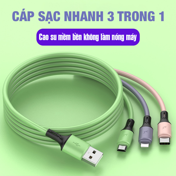 Cáp sạc đa năng 3 đầu Type C, Lighning, Micro USB dành cho iPhone/ iPad, Smartphone, Tablet Android (hỗ trợ sạc nhanh 3,5A)