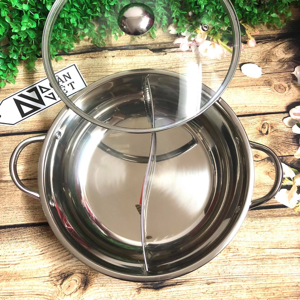 Nồi lẩu 2 ngăn INOX TIỆN LỢI Sz30cm . Dụng cụ nồi lẩu sử dụng mọi loại bếp, Phục vụ các món lẩu tại bàn chuyên nghiệp phù hợp CHO MỌI GIA ĐÌNH và NHÀ HÀNG ĐẴNG CẤP