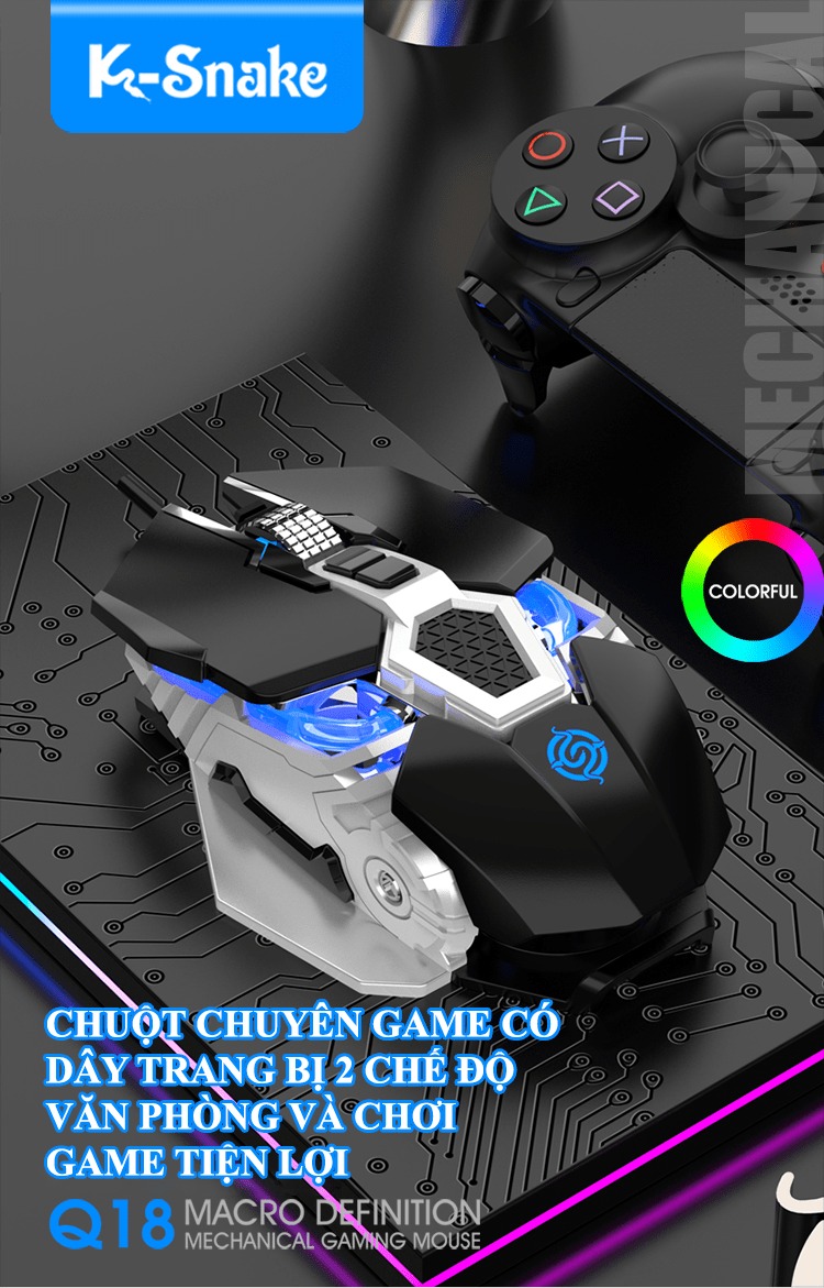 Chuột chuyên game có dây K-Snake Q18 có 2 chế độ chơi game ghìm tâm và làm việc văn phòng kèm theo đèn led cực đẹp - HÀNG CHÍNH HÃNG