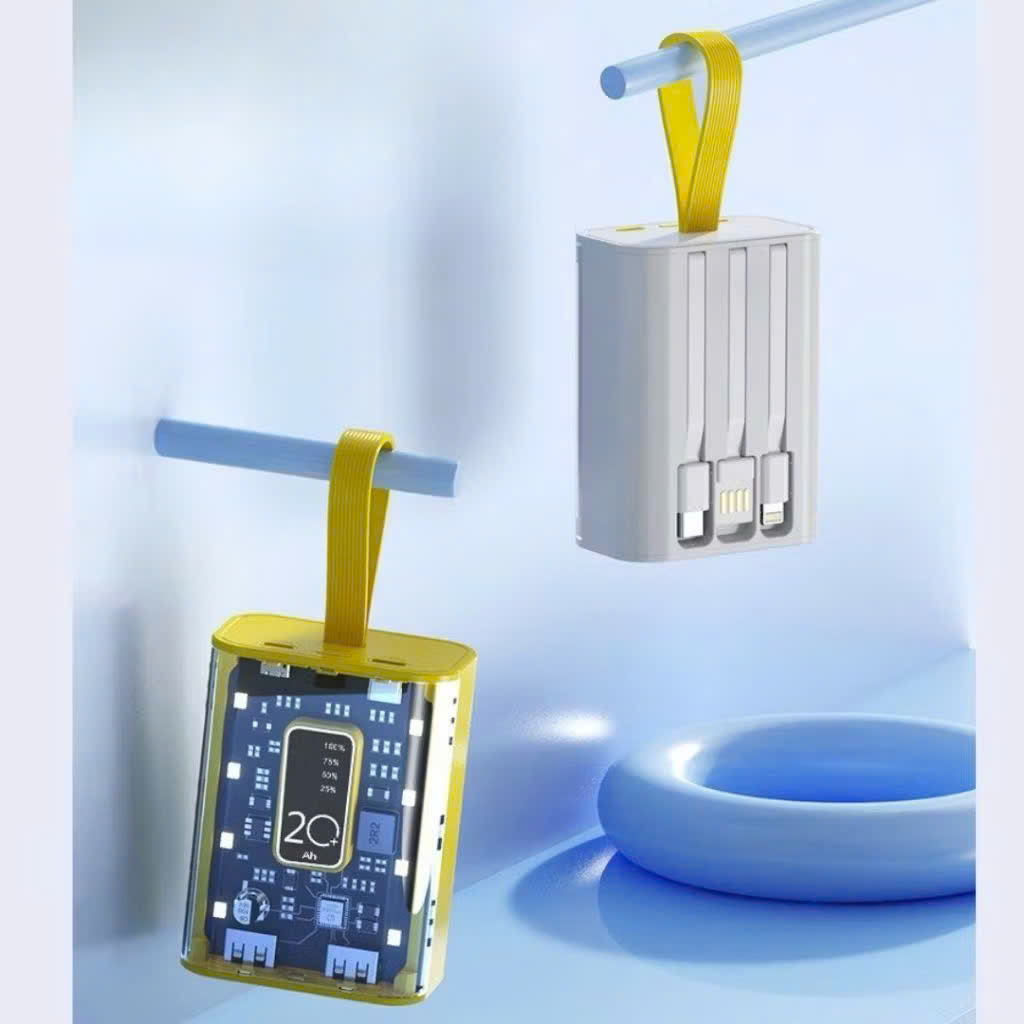 Sạc Dự Phòng 20000mAh Dung Lượng Pin Lớn Vỏ Trong Suốt Tích Hợp Dây Sạc Nhanh Cho Nhiều Thiết Bị có đèn báo, phát sáng - HÀNG CHÍNH HÃNG
