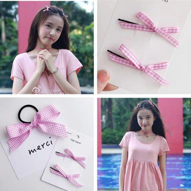 Kẹp tóc mái - ghim tóc đính nơ caro dễ thương