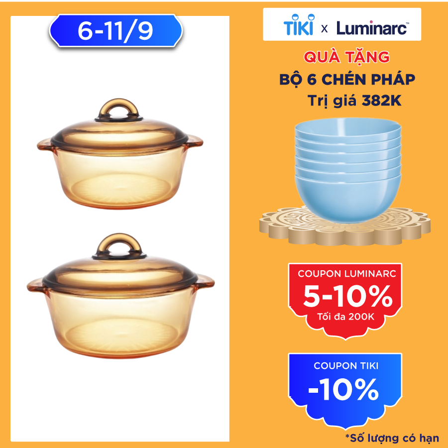 Bộ 2 Nồi Thủy Tinh Luminarc Vitro Amberline Granite 1,5L/2L (Bảo Hành 10 Năm) -LUGR152