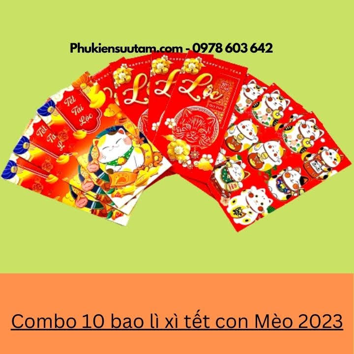 Combo 10 Bao Lì Xì Tết Con Mèo 2023, kích thước: 16cmx8cm, màu đỏ - SP000365