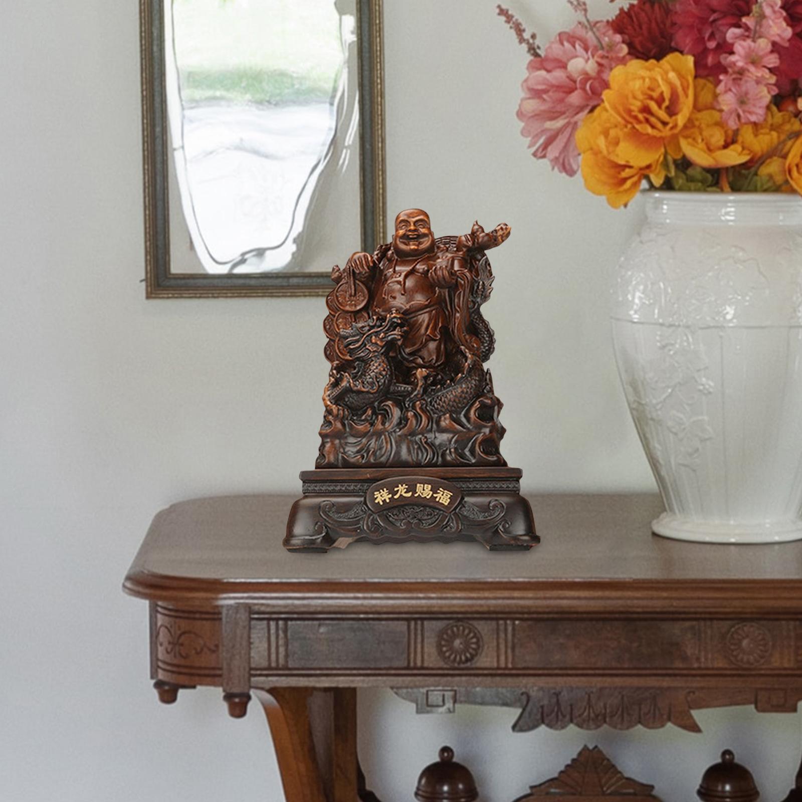 Sitting Buddha Statue, Buddha Sculpture Antique Decorative Feng Shui Chinese Buddha Statue, Laughing Buddha Figurine for Garden Office Desktop
