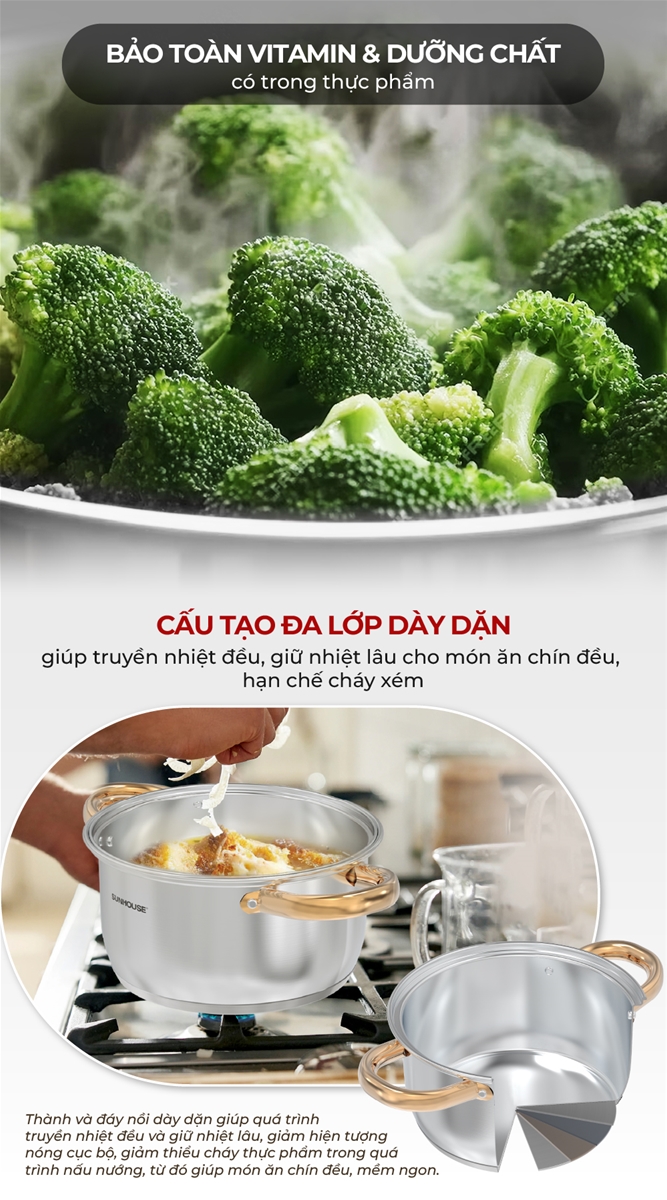 Bộ nồi inox Impact Sunhouse Healthy SHG781E -Gồm 3 nồi 16-20-24cm - Đáy phẳng hoàn hảo - Hiệu suất bắt từ 98%