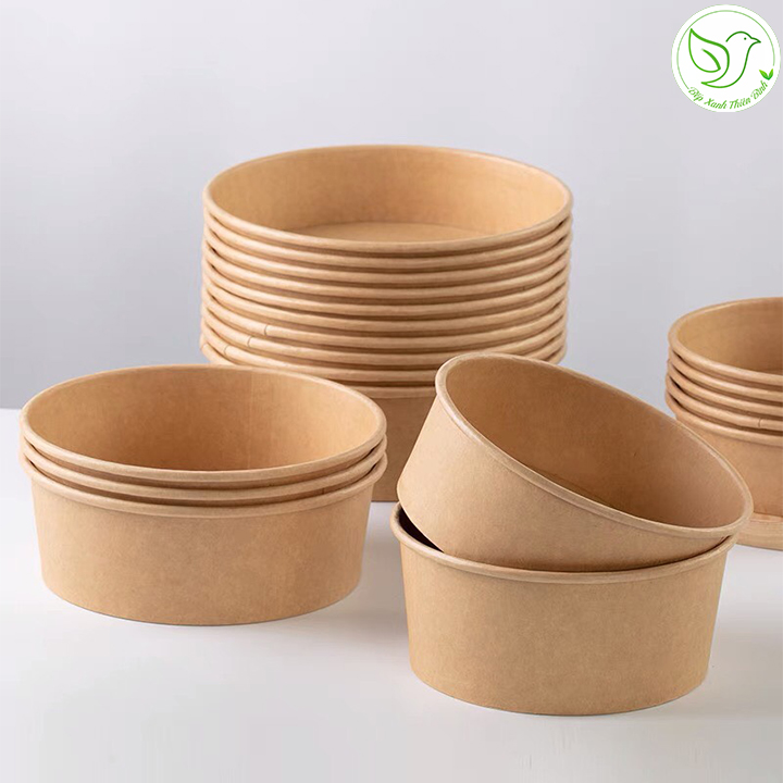 50 Tô giấy Kraft nâu đựng thức ăn, salad, bánh bông lan có nắp chịu nhiệt, chống thấm nhiều kích cỡ, thân thiện với môi trường