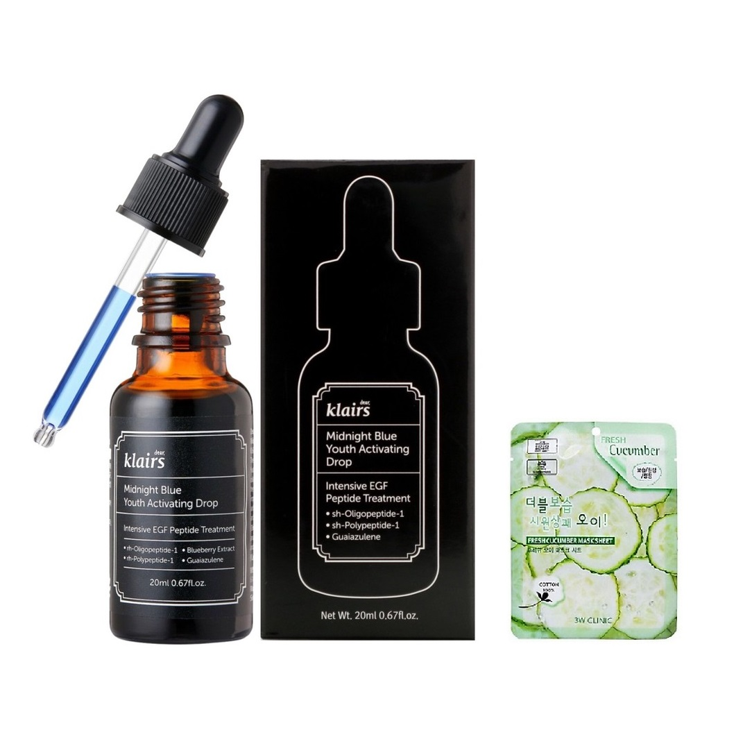 Tinh Chất Phục Hồi Da Ban Đêm Dear Klairs Midnight Blue Youth Activating Drop 20ml + Tặng Kèm 1 Mặt Nạ Dưỡng Da Dưa leo 3W Clinic