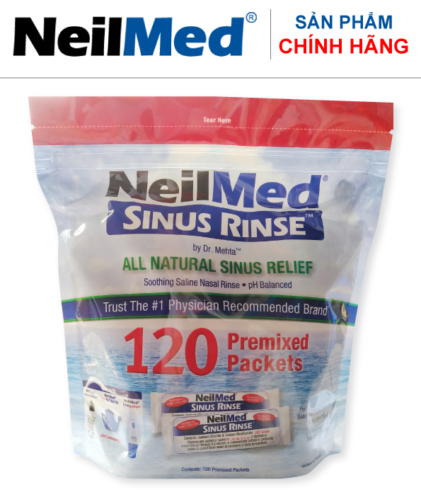 Combo Adult SinusCare : Bình Rửa Vệ Sinh Mũi Xoang Người Lớn NeilMed Sinus Rinse - SX Mỹ, Giải Pháp Tối Ưu hỗ trợ điều trị Viêm Xoang Cấp &amp; Mãn. (Bình 10 gói và Hộp 120 gói muối rửa bổ sung)