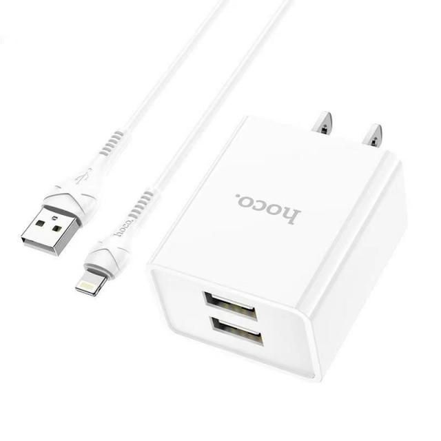 Bộ sạc nhanh 2.1A Hoco C89 chuôi dẹt 2 cổng Usb kèm dây sạc cho iPhone/iPad dài 1M - Hàng chính hãng