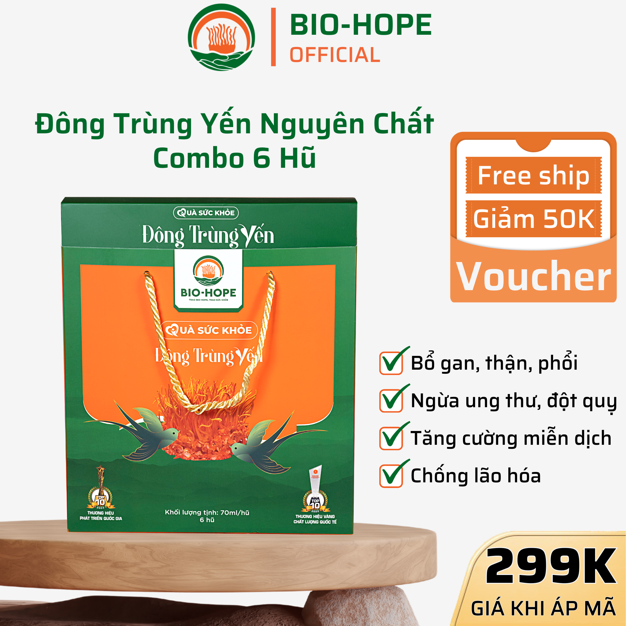 Combo 6 Hũ Yến Sào Cao Cấp Chưng Đông Trùng Hạ Thảo BIO HOPE - 1 Hộp 6 Hũ