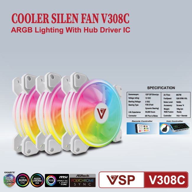 Bộ 3 Fan Case VSP V308C 12cm LED RGB (kèm Hub + Remote) - Hàng chính hãng TECH VISION phân phối