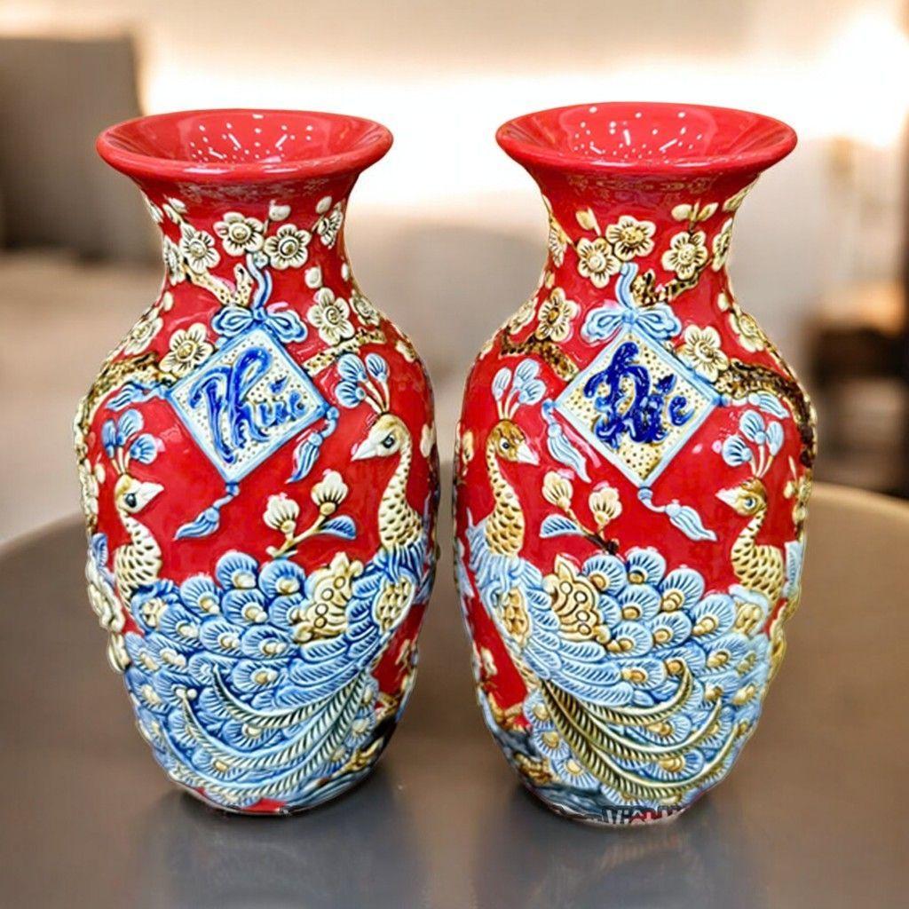 Bình Thờ Lộc Bình Bát Tràng Men Đỏ Phúc Đức RỒNG VIỆT 25-30cm, Họa Tiết Công Đào Nổi Cao Cấp