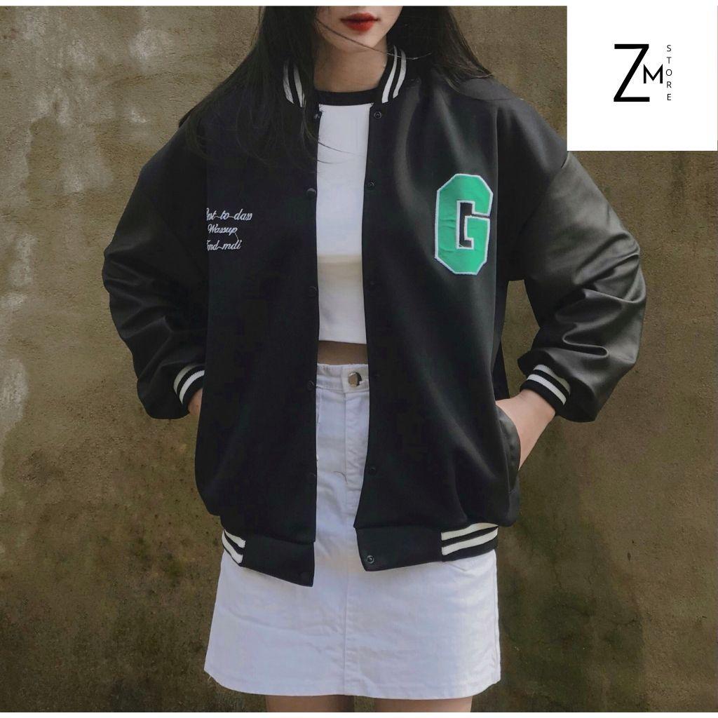 Áo Khoác Bomber Chữ G Xanh Phối Tay Da Unisex Phông Cách Trẻ Trung Năng Động Cá Tính ZMstore