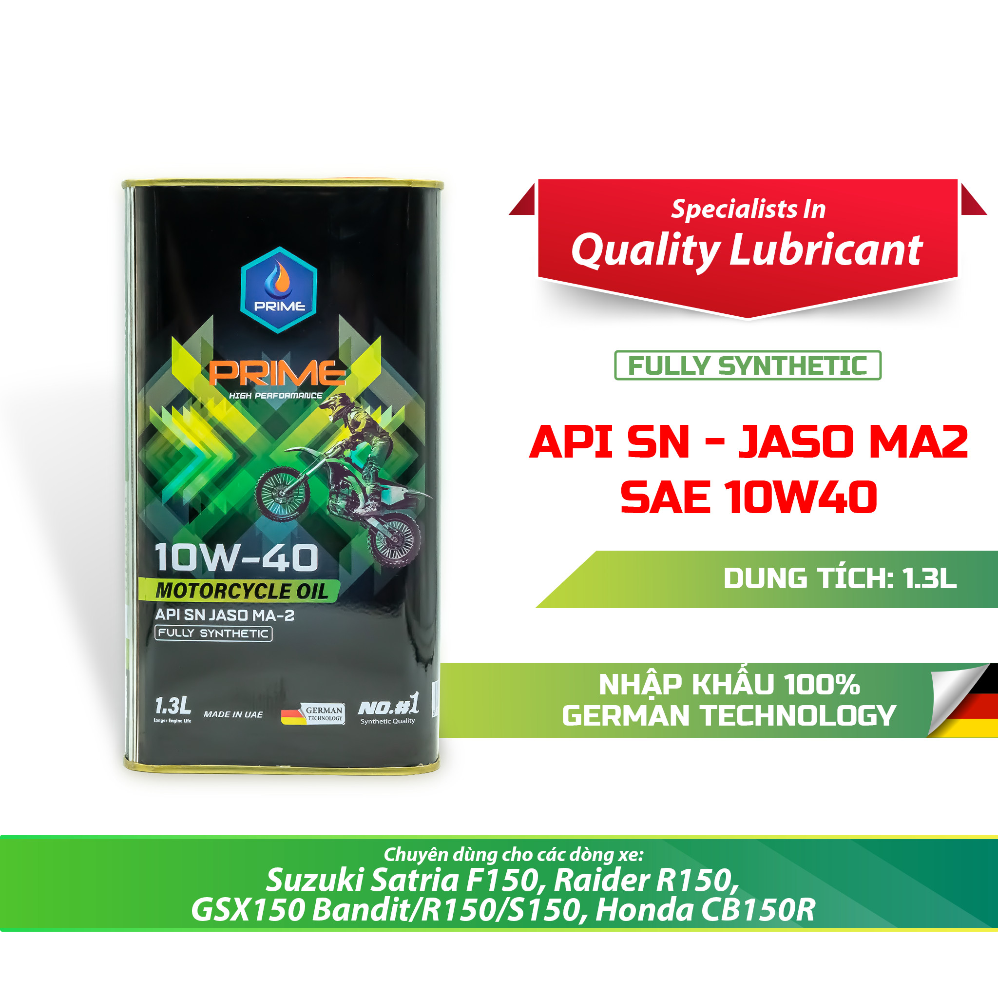 Nhớt tổng hợp toàn phần PRIME 10W40, SN, MA2, Fully Synthetic - Lon vuông 1.3L PRIME Lubricants Nhập Khẩu Dubai