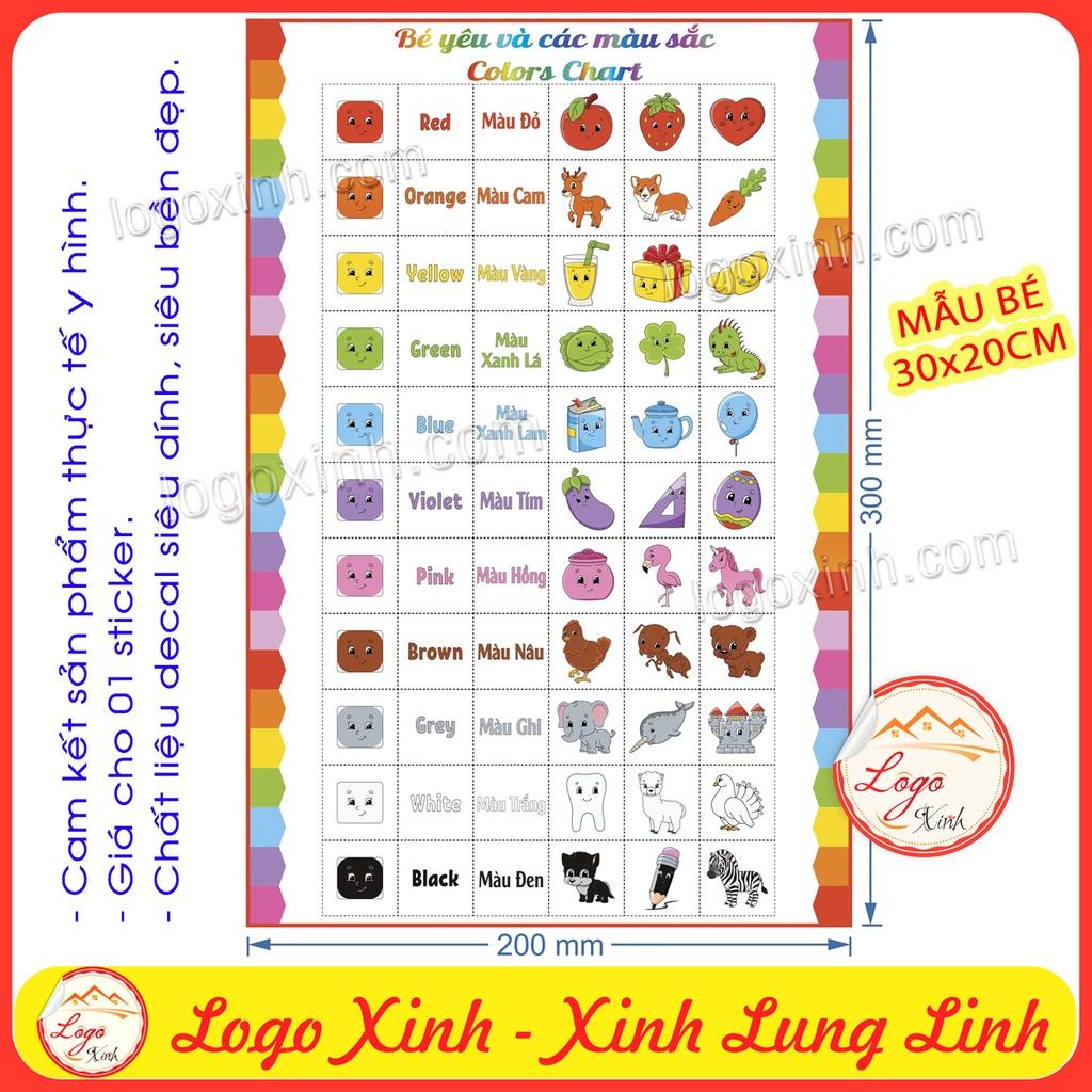 Bảng Học Các Màu Sắc Ngộ Nghĩnh Song Ngữ Anh-Việt Cho Bé , Chất Liệu Decal Dán Chắc Chắn, Sạch Sẽ, Colors Chart