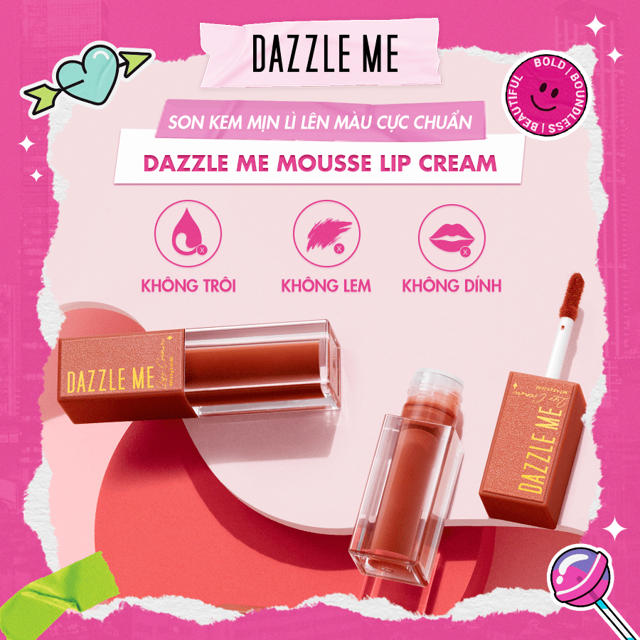 DAZZLE ME Son Kem Lì Siêu Mịn Kháng Nước Lâu Trôi Và Không Làm Khô Môi Mousse Lip Cream 4.5g