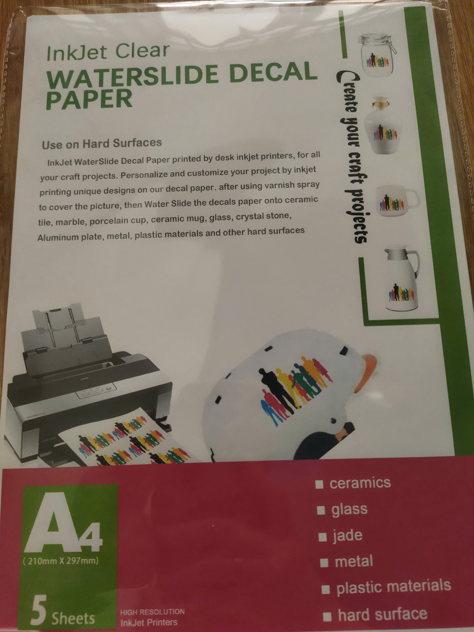 Set 5 trang A4 Giấy in chuyển nhiệt trượt nước lên ly, cốc sứ thủy tinh, nhựa, in bằng mực nước Waterslide decal.