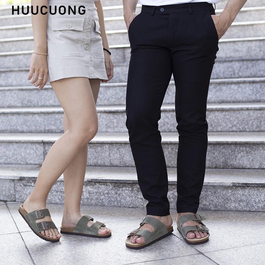 Dép unisex HuuCuong 2 khóa Da Bò xanh đế trấu