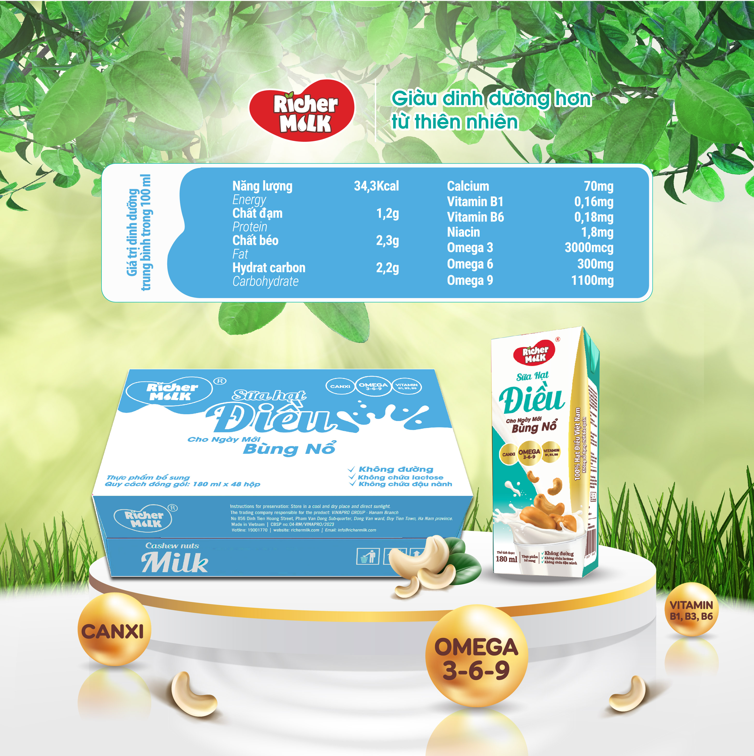 Thùng 48 Hộp Sữa Hạt Điều Không Đường Richer Milk 180ml (180ml x 48)