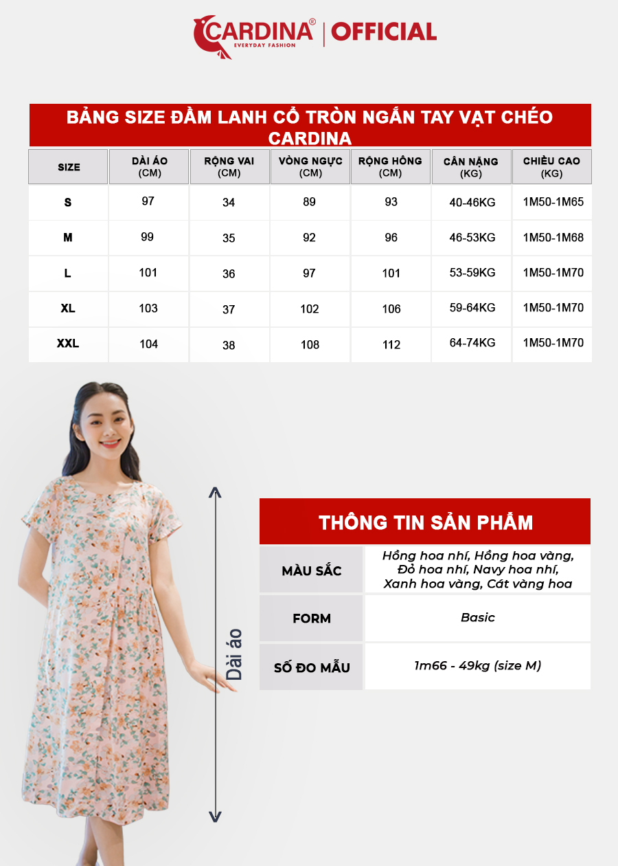 Đầm Nữ CARDINA Chất Lanh Tre Cao Cấp Cổ Tròn Cộc Tay Vạt Chéo Họa Tiết 3VL02