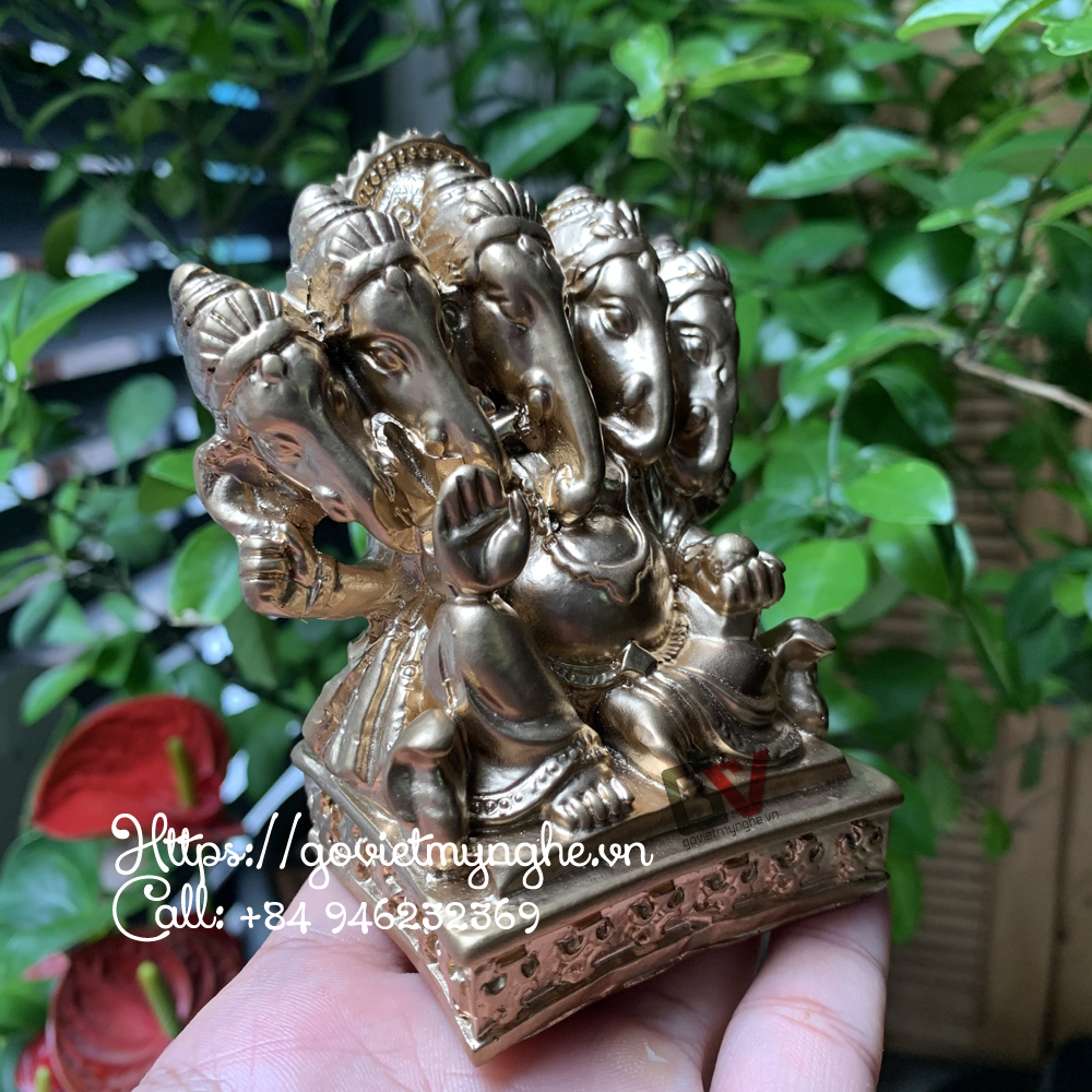 Tượng đá thần voi ganesha 5 đầu - màu nhũ vàng