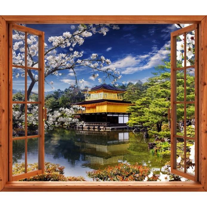 Tranh dán tường cửa sổ gỗ 3D cảnh hoa anh đào Minh Trí