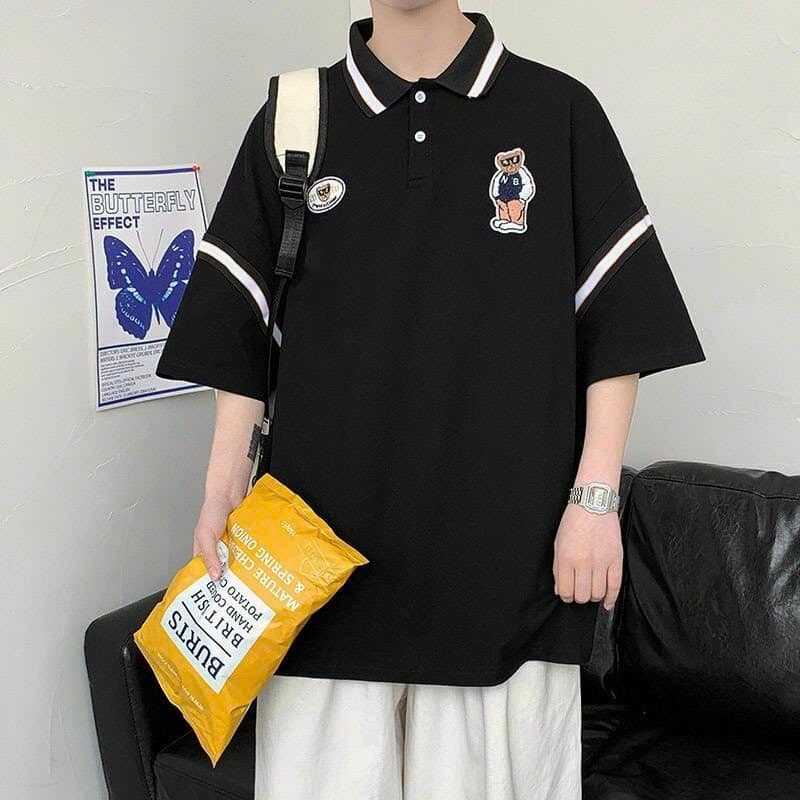 Áo thun polo nam thêu logo phối viền tay