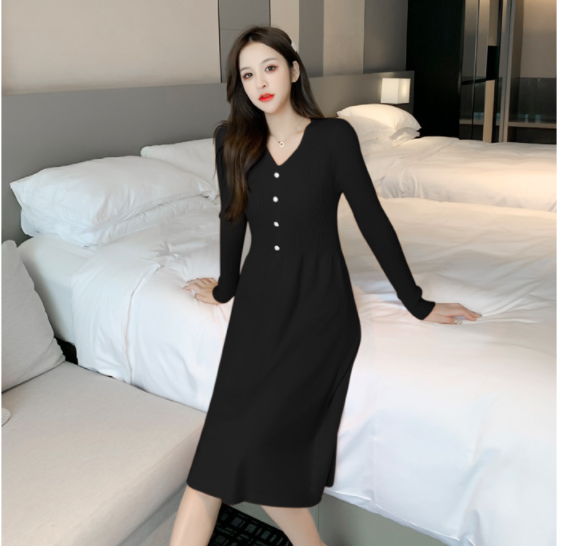Váy len gân cổ tym basic Đầm len dáng suông chất len dày dặn AH77