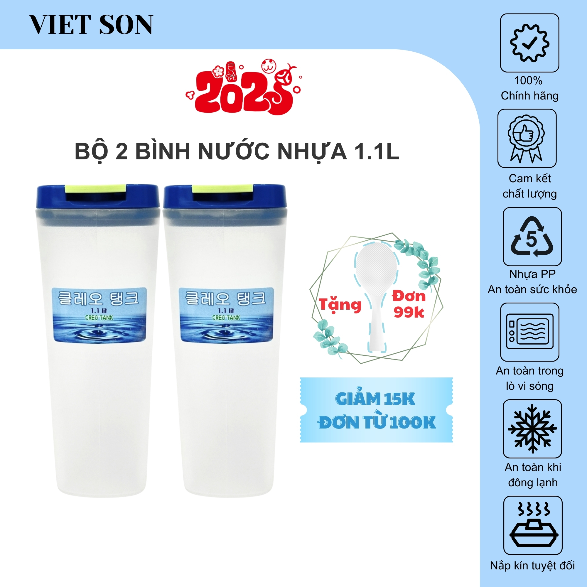 Bộ 2 Bình Nước Nhựa VIETSON 1.1L An Toàn Cho Sức Khỏe