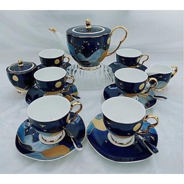 BỘ ẤM CHÉN PHA TRÀ SỨ XƯƠNG CAO CẤP KÈM 6 ĐĨA, 2 TỐNG ĐƯỜNG SỮA MÀU XANH HỌA TIẾT BỌT SÓNG