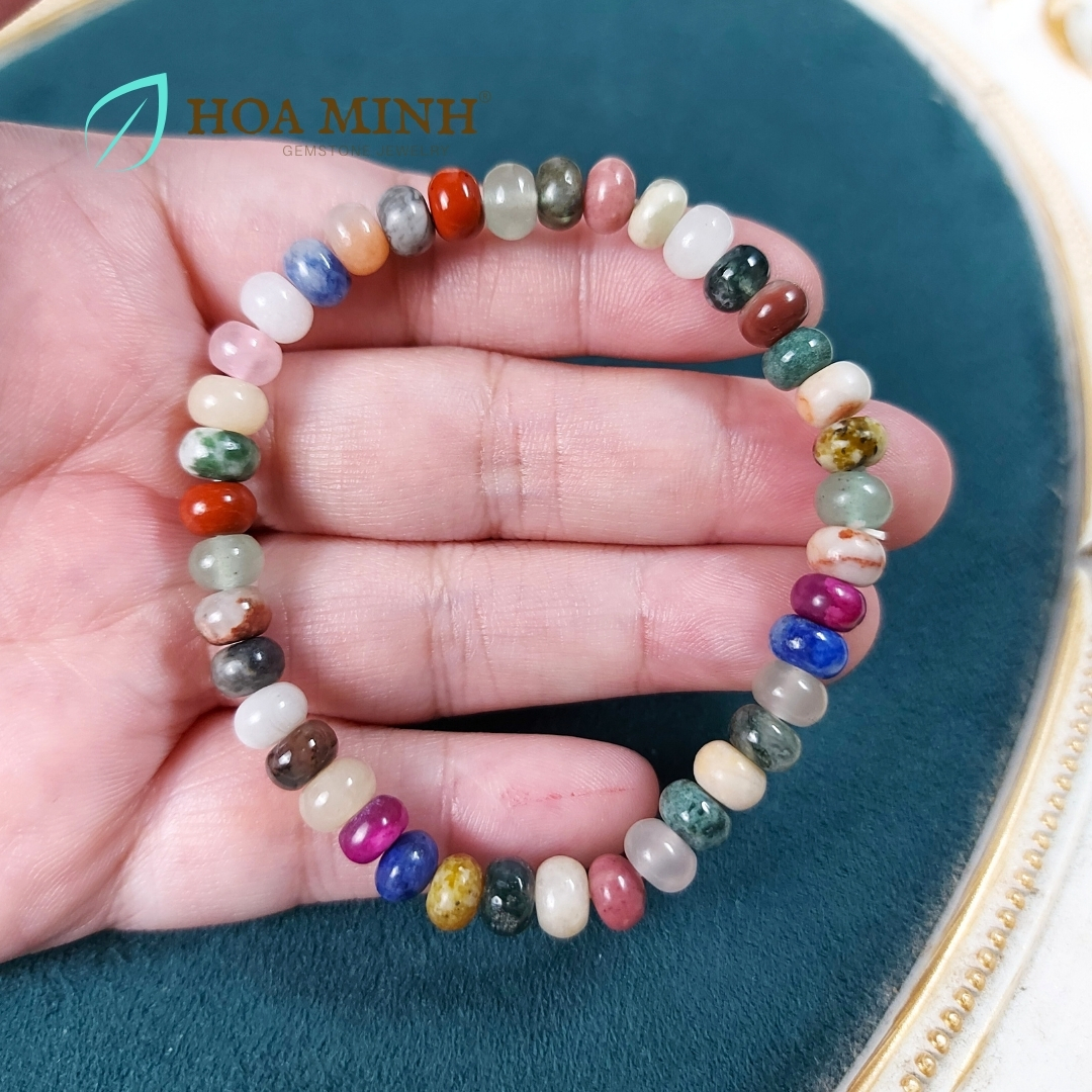 Vòng tay phong thủy kiểu bánh xe hạt 6.4 li ngũ hành đủ loại đá Lapis Lazuli thanh kim, Chalcedony, Thạch anh, Ngọc jasper không kén mệnh