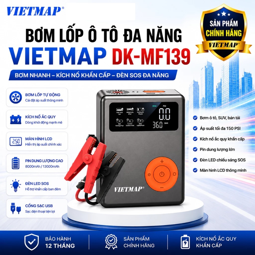 BƠM LỐP KIÊM KÍCH BÌNH ĐA NĂNG VIETMAP DK-MF139 - HỖ TRỢ PIN SẠC DỰ PHÒNG, MÀN HÌNH LED, ĐÈN CHIẾU SÁNG
