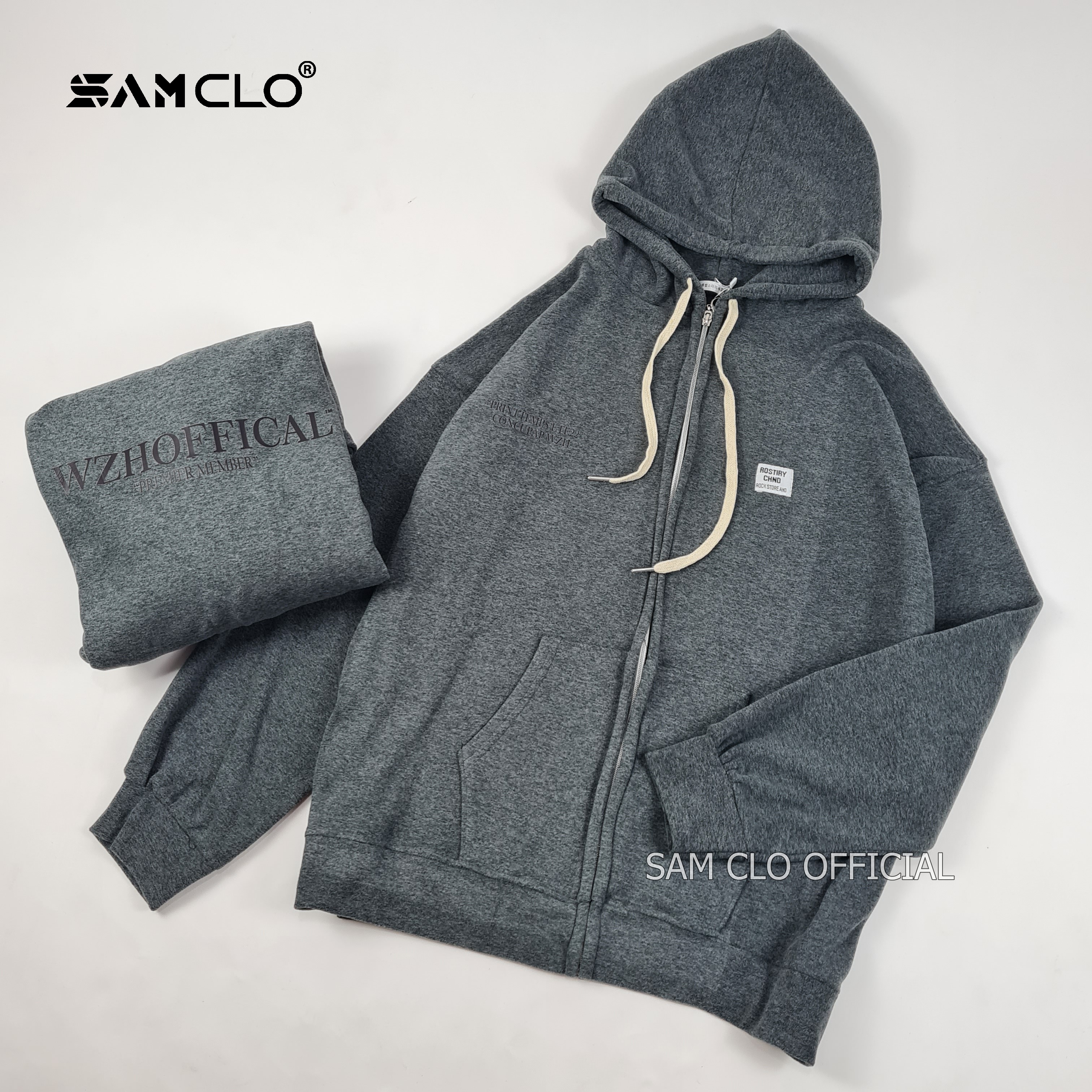 ÁO KHOÁC NỈ SAM CLO nữ freesize hoodie có khóa kéo tay dài thu đông dáng unisex LOGO TRẮNG ROSTIRY CHND