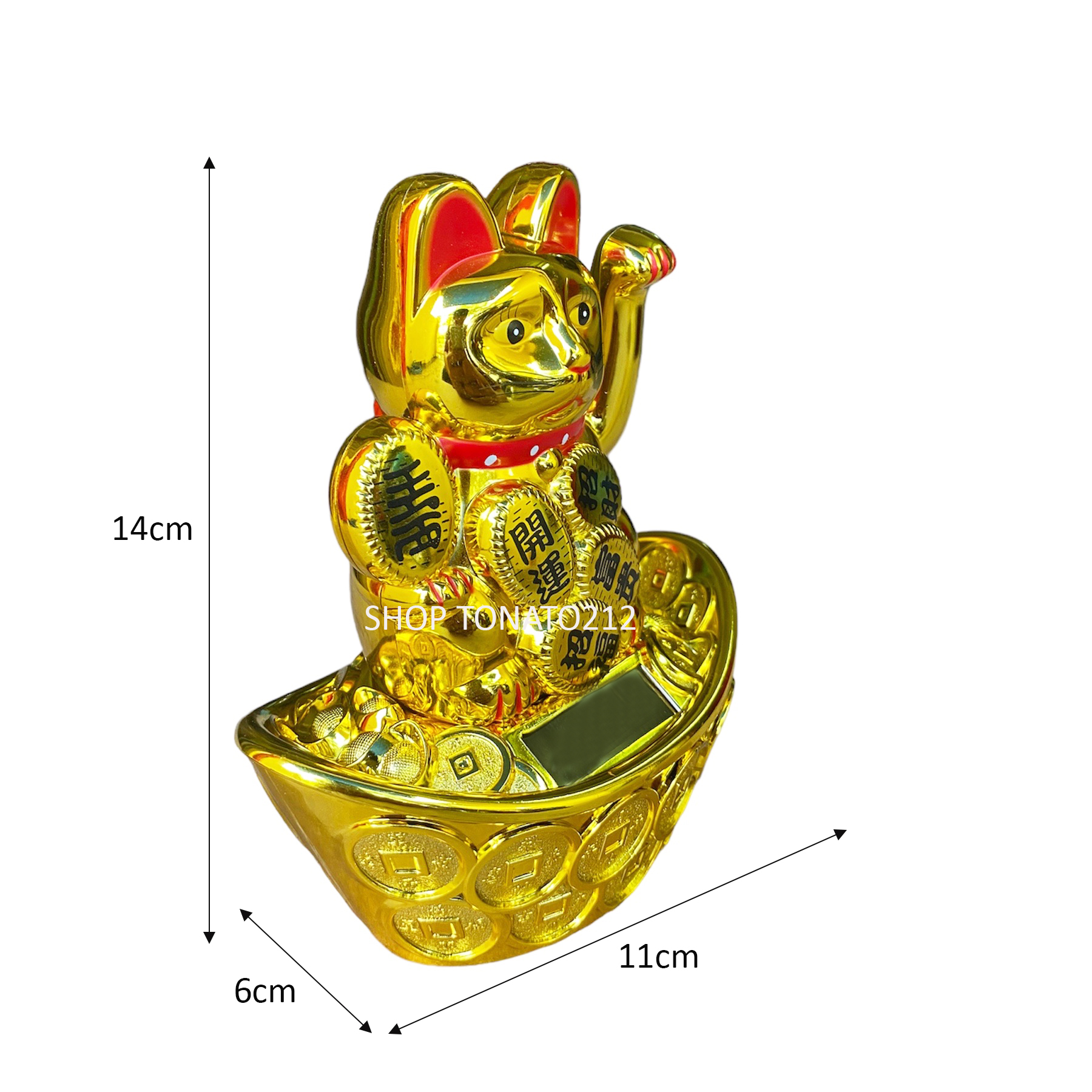 MÈO THẦN TÀI, MÈO MAY MẮN MANEKI NEKO 23016 NĂNG LƯỢNG MẶT TRỜI CAO 14CM