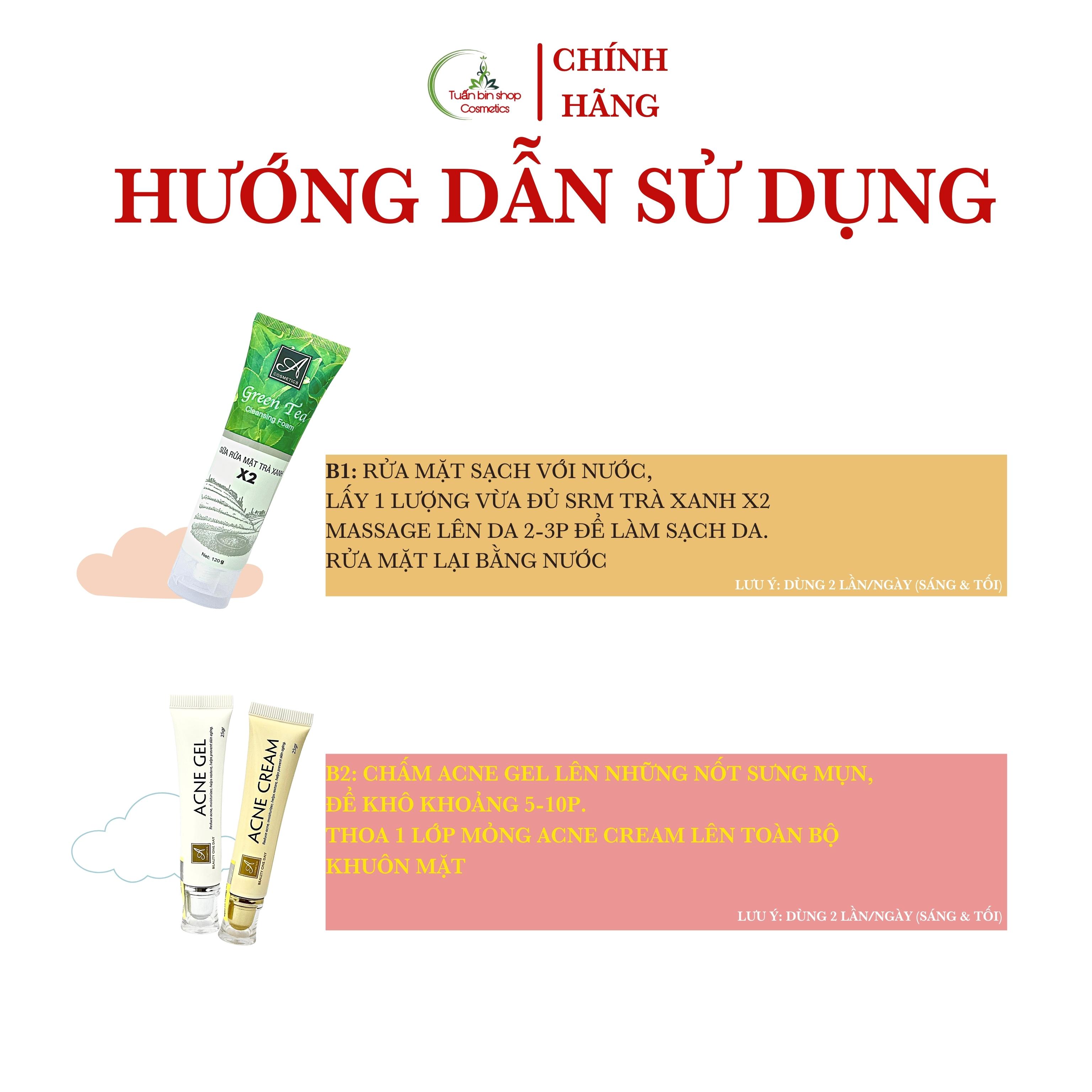 Combo kem giảm mụn, kiềm dầu Acosmetics, kem giảm mụn siêu tốc độ, sữa rửa mặt trà xanh x2 170g