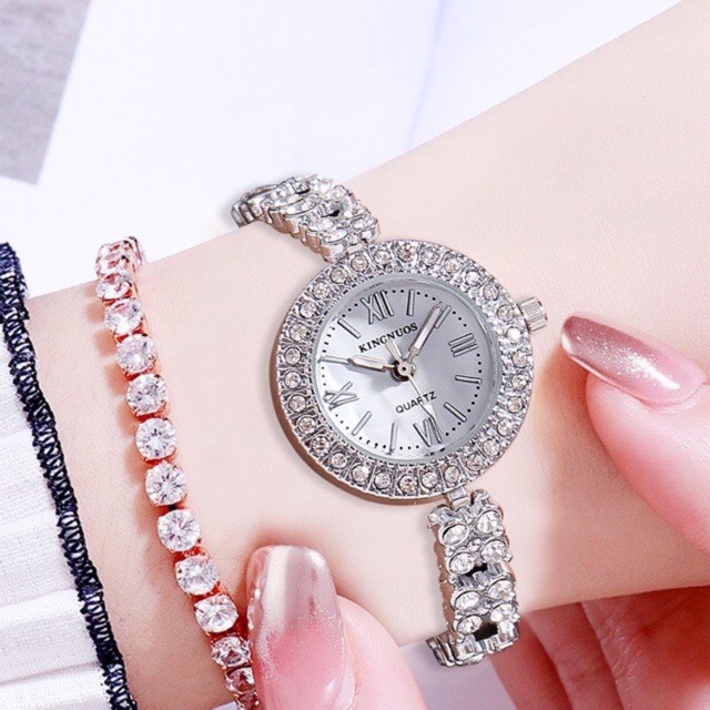 Đồng hồ nữ Kingnuos cao cấp mặt đính đá dây thép không gỉ thời trang Ý