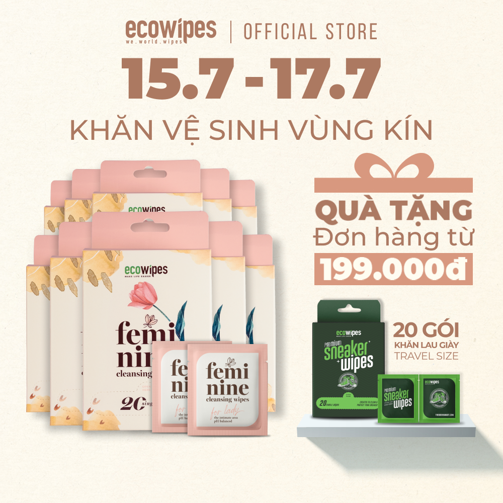 Combo 10 hộp 200 gói khăn giấy ướt phụ khoa Ecowipes travel size vệ sinh cá nhân phụ nữ hương Daisy size 15x20cm nhỏ gọn bỏ túi