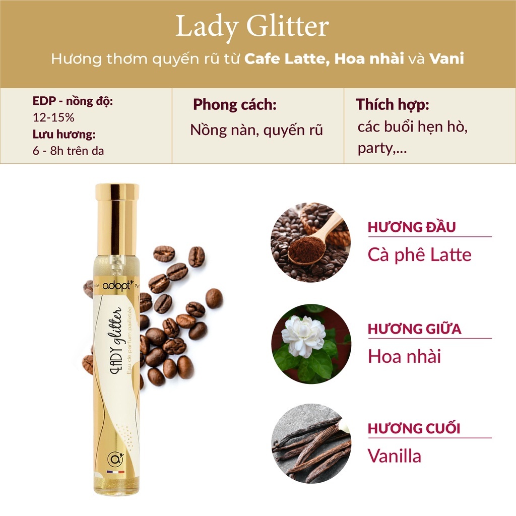 Nước hoa nữ Adopt Lady Glitter 30ml chính hãng Pháp, lưu hương đến 8h, mùi thơm nhẹ nhàng, bộ sưu tập best seller