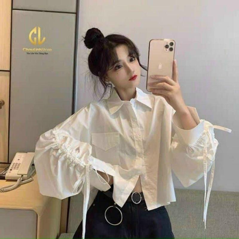 Áo sơ mi croptop tay dài rút dây cá tính
