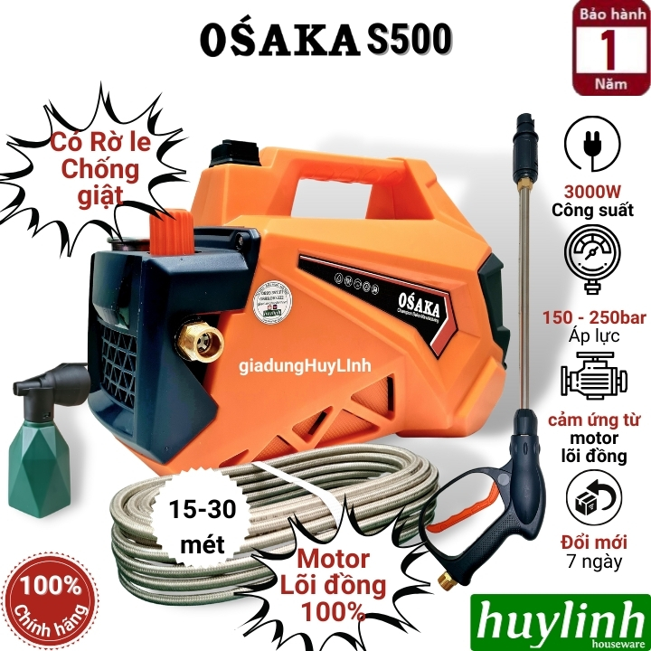 Máy rửa xe chống giật Osaka S500 - Mẫu 2024 - Công suât 3000W - Motor từ lõi đồng 100