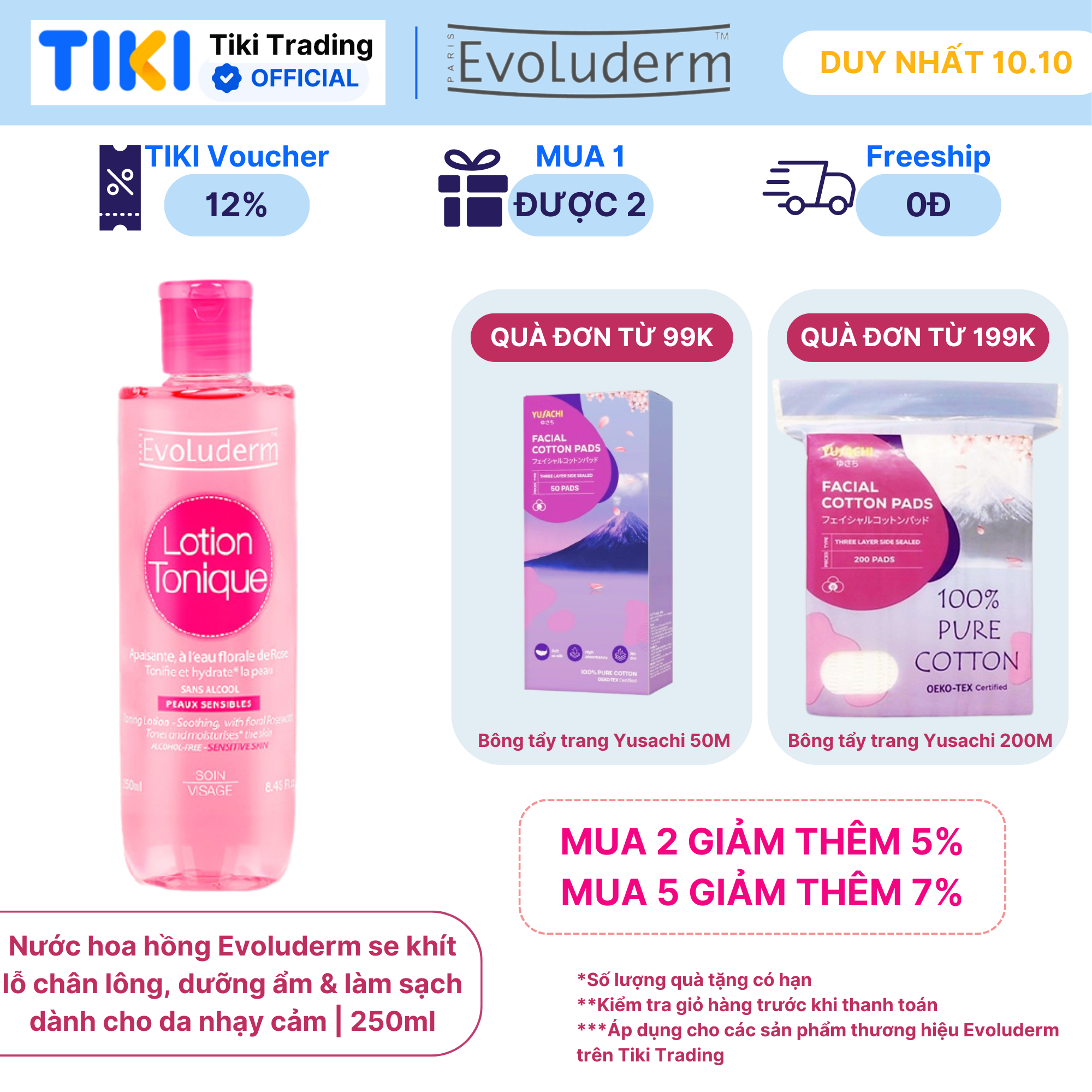 Nước hoa hồng Evoluderm se khít lỗ chân lông, dưỡng ẩm &amp; làm sạch 250ml