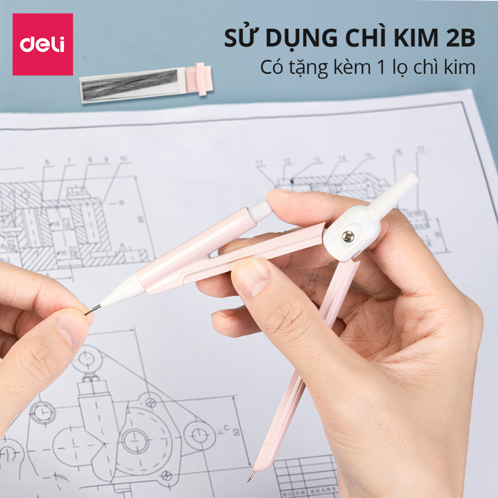 Bộ Compa Bấm Chì 2B Học Sinh Màu Pastel Xinh Xắn Deli - Kèm Lõi Chì Vẽ Tranh Hình Học Kỹ Thuật Mỹ Thuật Dụng Cụ Học Tập