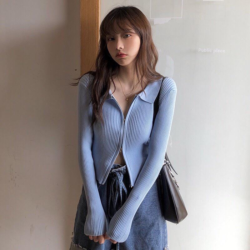 (Cận chất) Áo len tăm mềm dài tay cổ khóa kéo dáng ôm cho bạn gái