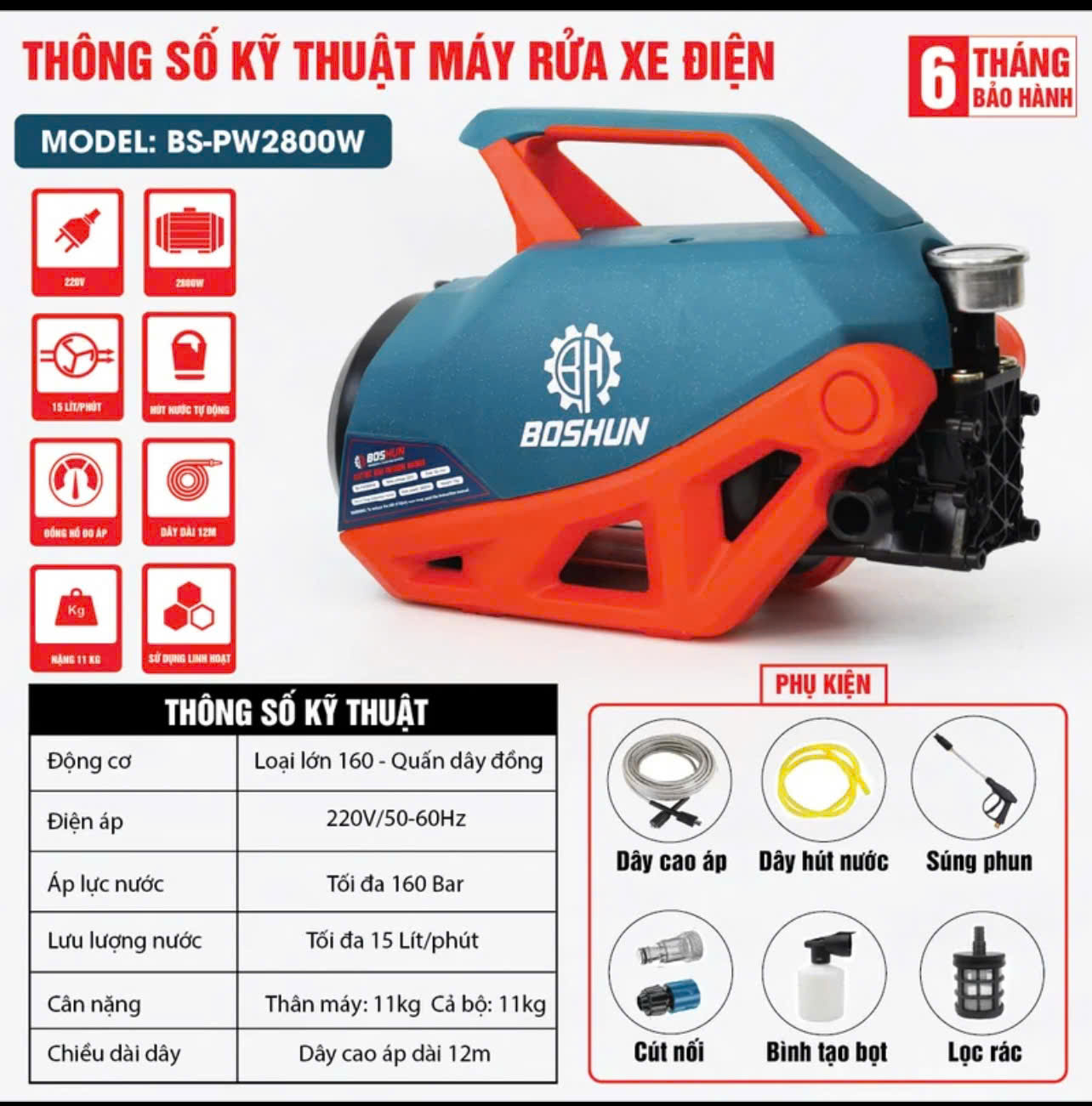Máy rửa xe BOSHUN 2800W , Máy rửa xe Gia đình, máy rửa Xe Mini Chih Hãg Modell 2025