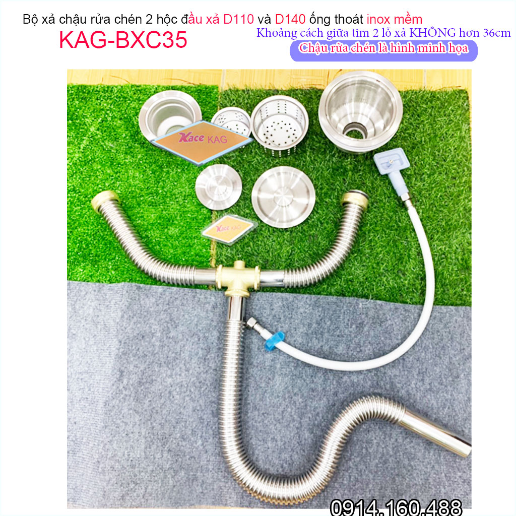 Bộ xả chậu rửa chén đôi inox 304 KAG-BXC35 chậu 1 to 1 nhỏ, bộ ống thoát bồn rửa bát 2 hố D140 và D110 chất liệu SUS304 dễ vệ sinh siêu bền sử dụng tốt